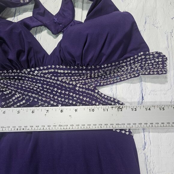 Betsy & Adam WOMENS SIZE 0 Purple Metallic Halter Formal Evening Dress Gown - Picture 4 of 16